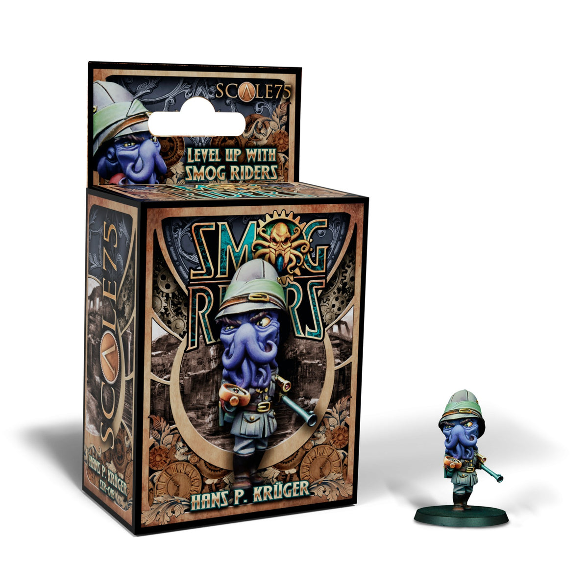 Octopus-headed Hans P. KrÃ¼ger miniature in pith helmet holds spyglass &amp; gun, with product box.