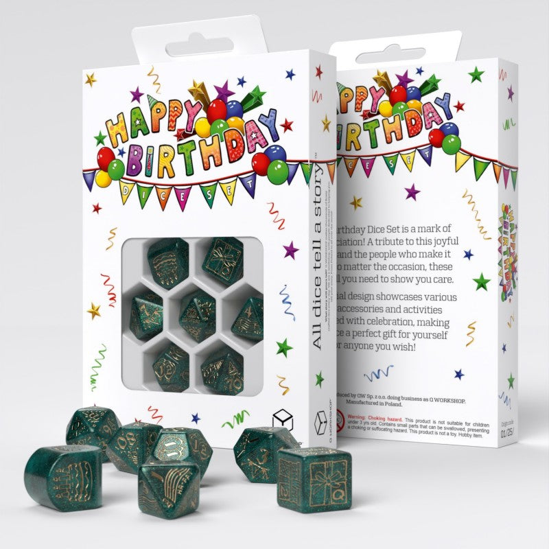 Front box view and rear box view of Q Workshop’s Happy Birthday D7 Dice Set Balloons with dice set