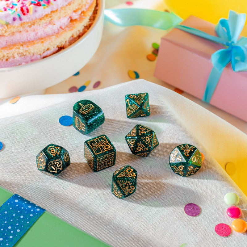First view showing different dices of Q Workshop’s Happy Birthday D7 Dice Set Balloons sitting on table