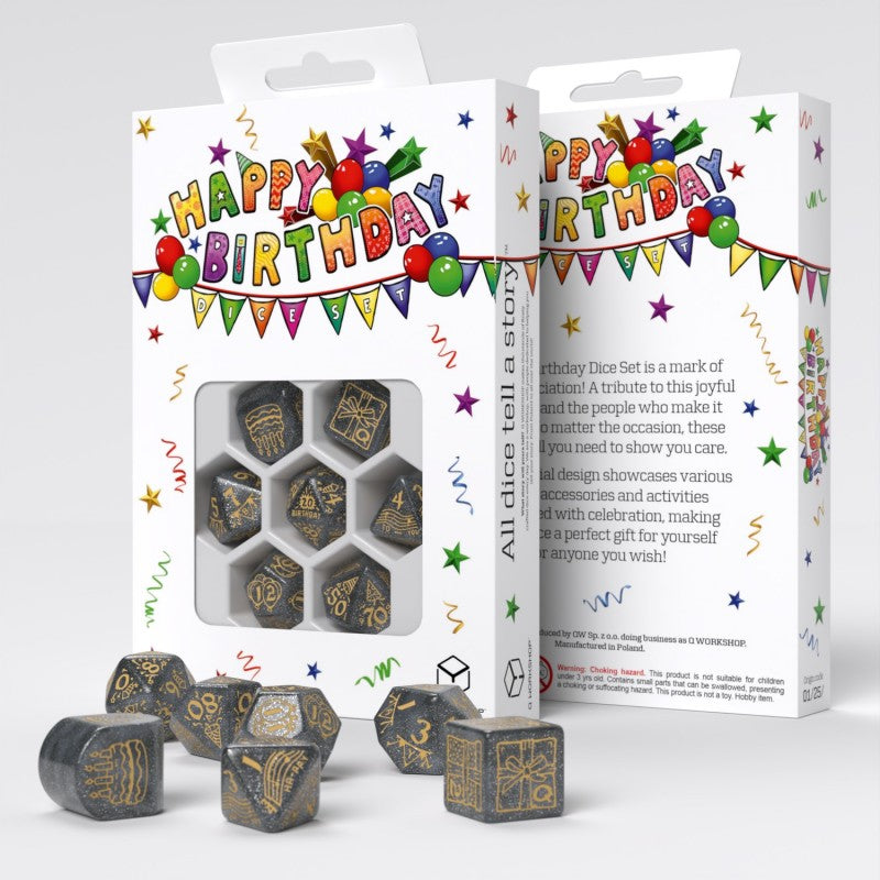 Front box view and rear box view of Q Workshop’s Happy Birthday D7 Dice Set Confetti with dice set