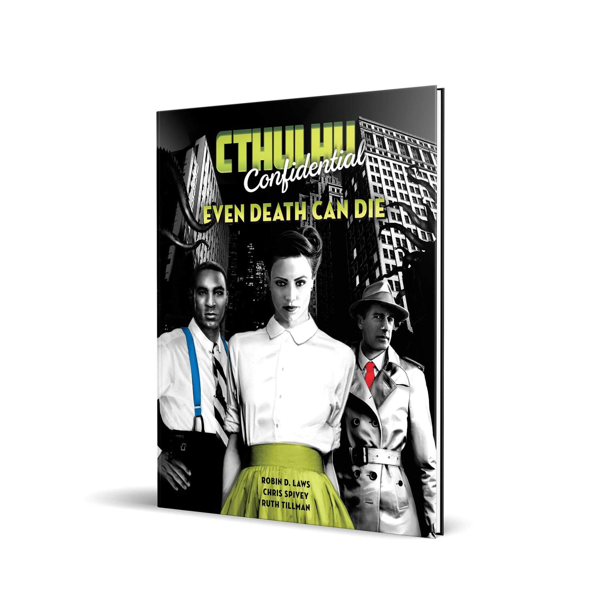 Cthulhu Confidential book cover: Diverse trio (2 men, 1 woman) in noir attire, before a dark city with green tentacles
