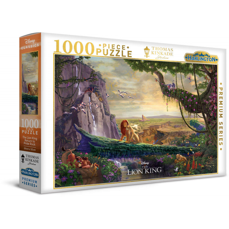 Thomas Kinkade 1000-piece puzzle box, "The Lion King." Simba and characters overlook the lush Pride Lands savanna