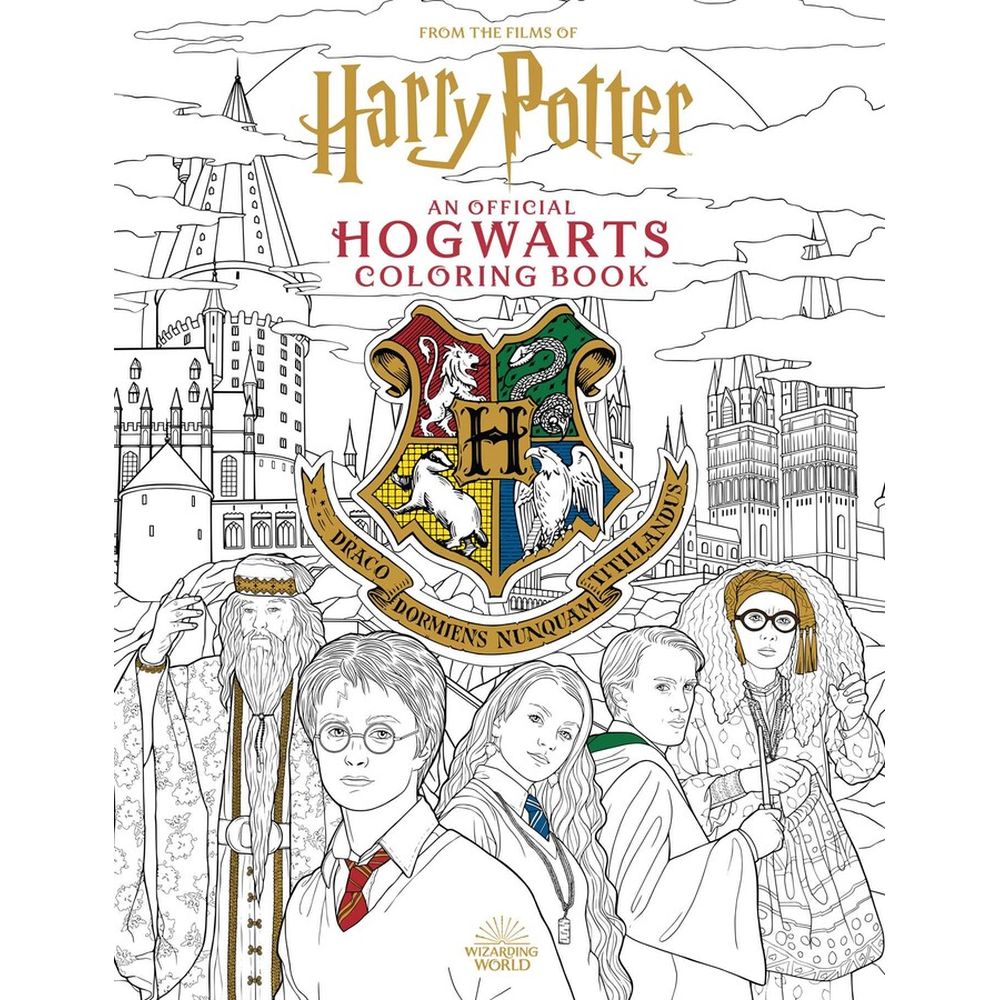 Official Harry Potter Hogwarts Coloring Book cover. Line art features Harry Potter characters, Hogwarts castle, and the Hogwarts crest