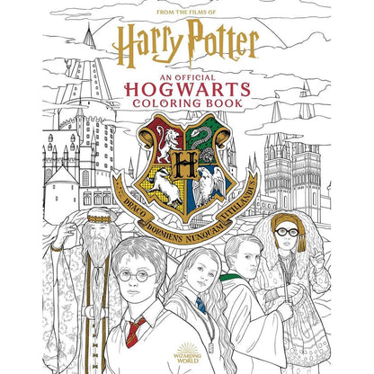 Official Harry Potter Hogwarts Coloring Book cover. Line art features Harry Potter characters, Hogwarts castle, and the Hogwarts crest