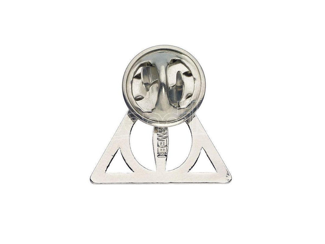 Reverse side of a silver Harry Potter Deathly Hallows symbol metal pin with two butterfly clutch backs