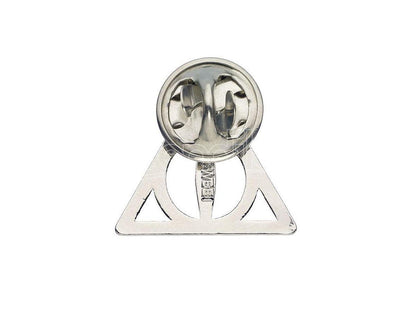 Reverse side of a silver Harry Potter Deathly Hallows symbol metal pin with two butterfly clutch backs