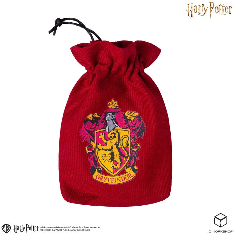 Harry Potter Gryffindor dice pouch in rich maroon red with a golden lion crest on the front featuring a black drawstring closure at the top