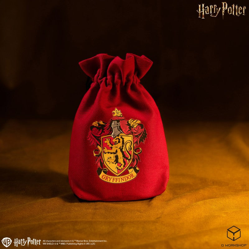 Red Harry Potter Gryffindor dice pouch featuring a detailed embroidered house crest with a golden lion and Gryffindor text designed for tabletop gaming accessories