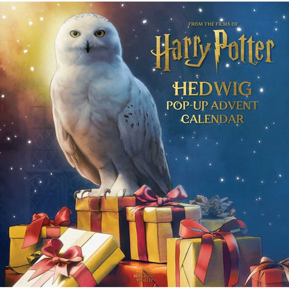 Harry Potter's Hedwig, a snowy owl, perches on golden gifts. Text: Hedwig Pop-Up Advent Calendar