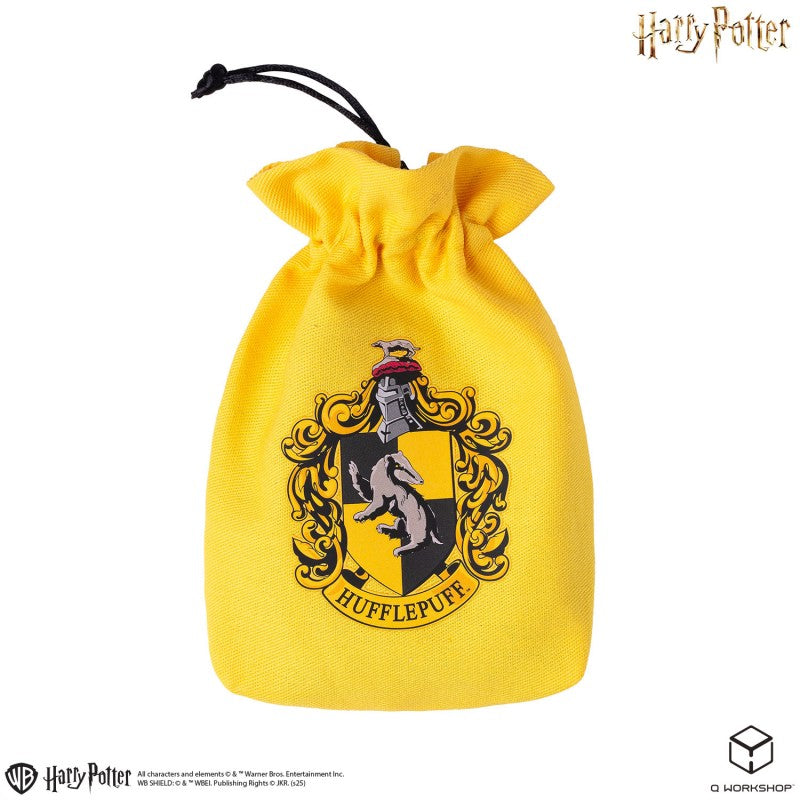 Yellow Harry Potter Hufflepuff dice pouch with a black drawstring featuring the house crest with a badger on the front ideal for holding game dice