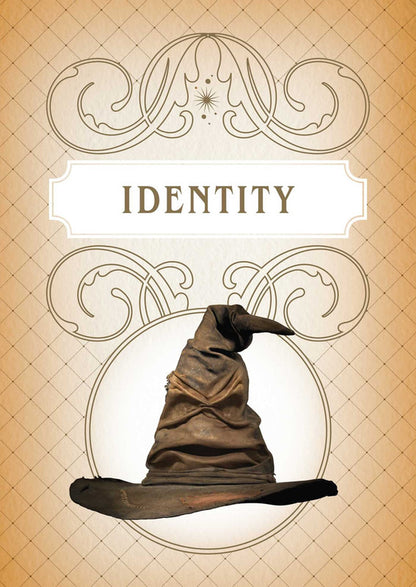 A worn brown Sorting Hat is centered below the word "IDENTITY" on a vintage parchment background