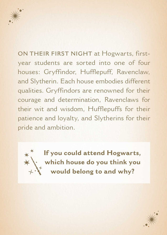 Text explaining Hogwarts houses (Gryffindor, Hufflepuff, Ravenclaw, Slytherin) and their traits. Asks, 'Which house would you belong to?'