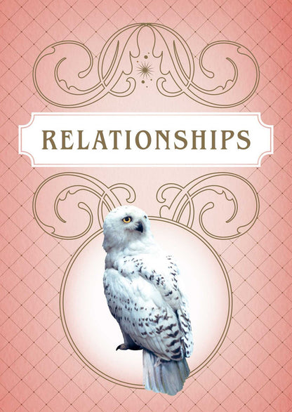 White snowy owl on an ornate pink background with a banner reading "RELATIONSHIPS" at the top