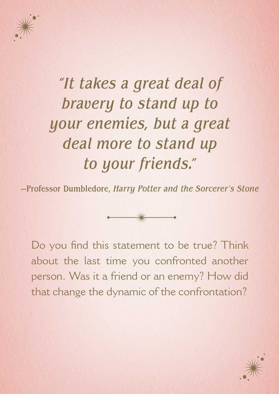 Pink image presenting Dumbledore's quote on bravery (enemies vs. friends) and a reflective question