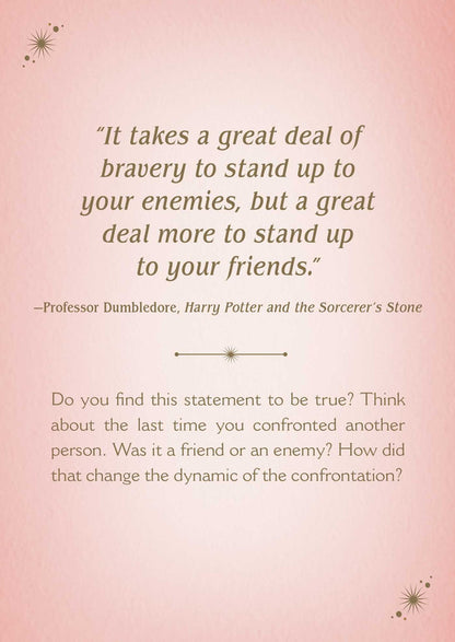 Pink image presenting Dumbledore's quote on bravery (enemies vs. friends) and a reflective question