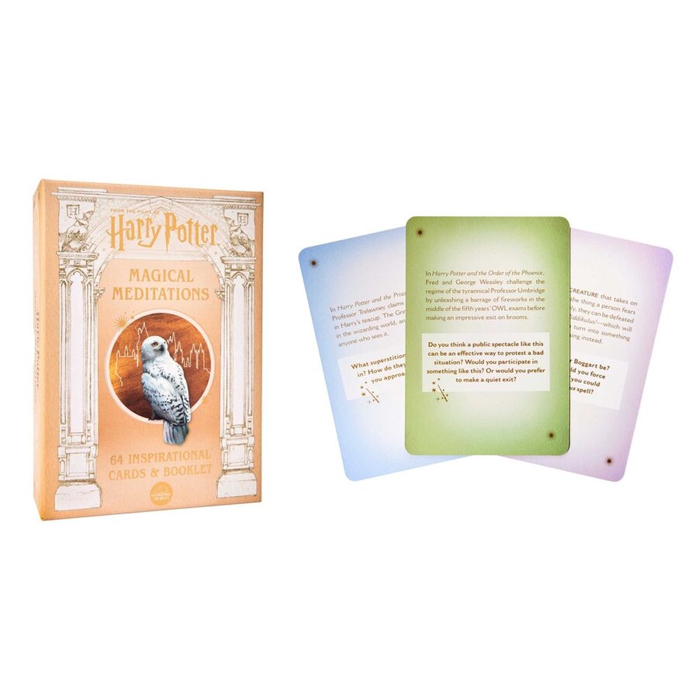 A Harry Potter Magical Meditations box with Hedwig, alongside fanned-out blue, green, and purple cards with questions