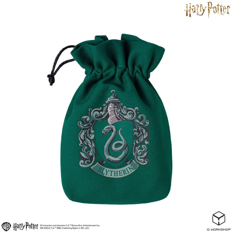 Harry Potter Slytherin green dice pouch with black drawstring closure and detailed house crest featuring a silver serpent and ornate shield