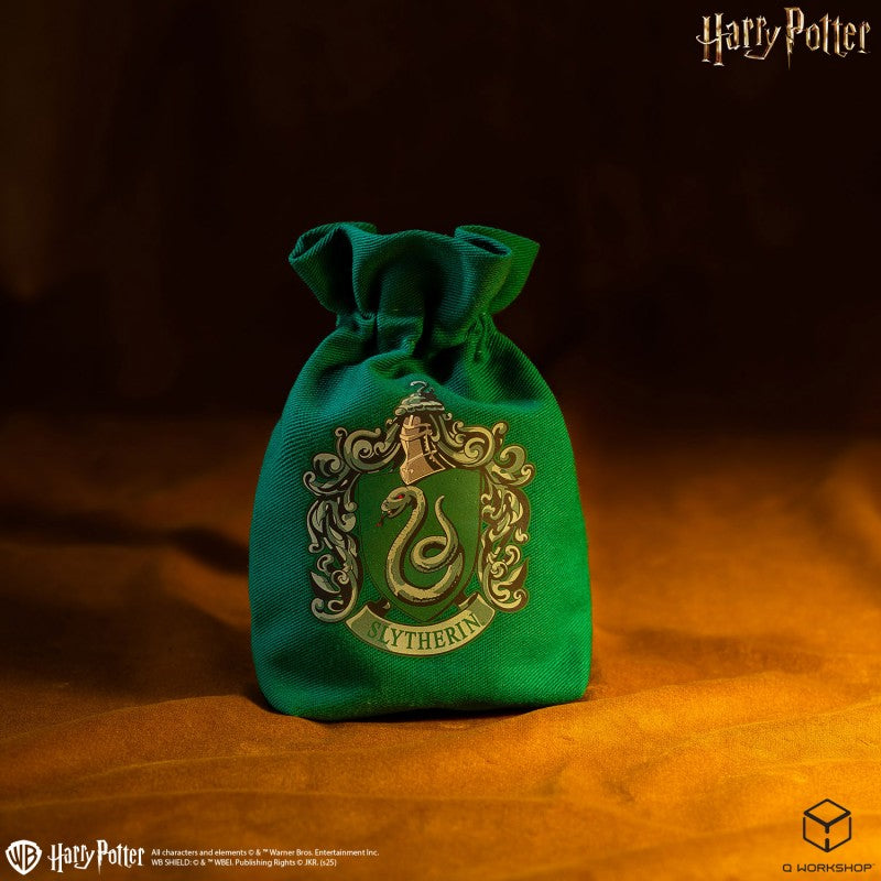 Green Harry Potter Slytherin drawstring dice pouch with a detailed house crest featuring a snake on a dark background