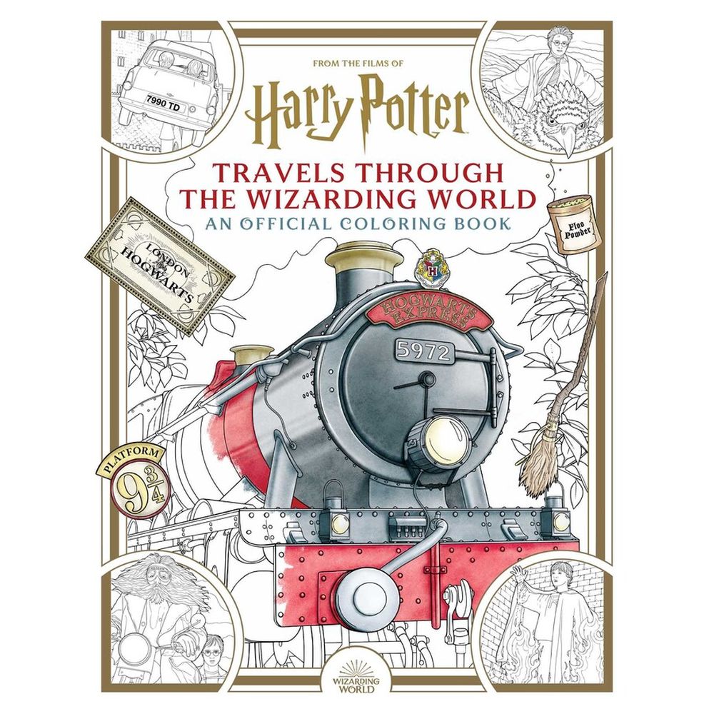 Cover of a Harry Potter coloring book, "Travels Through The Wizarding World," featuring the Hogwarts Express amidst other magical transport