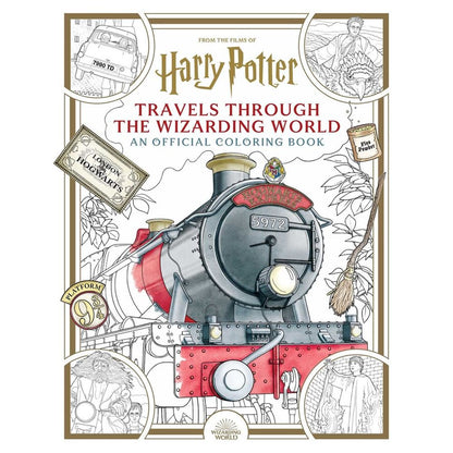 Cover of a Harry Potter coloring book, "Travels Through The Wizarding World," featuring the Hogwarts Express amidst other magical transport