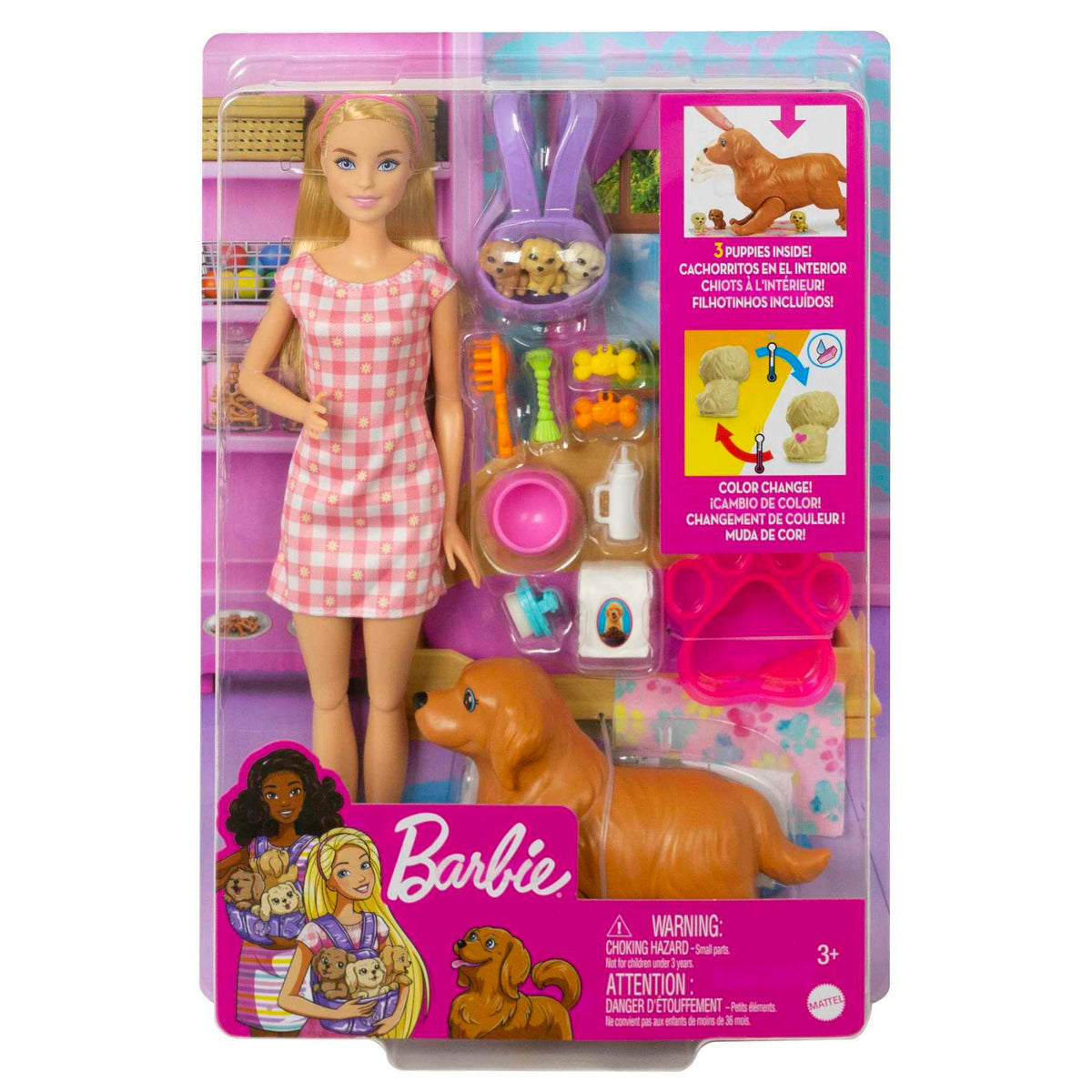 Barbie pet care playset with doll, golden retriever, 3 puppies, and accessories, featuring colour change