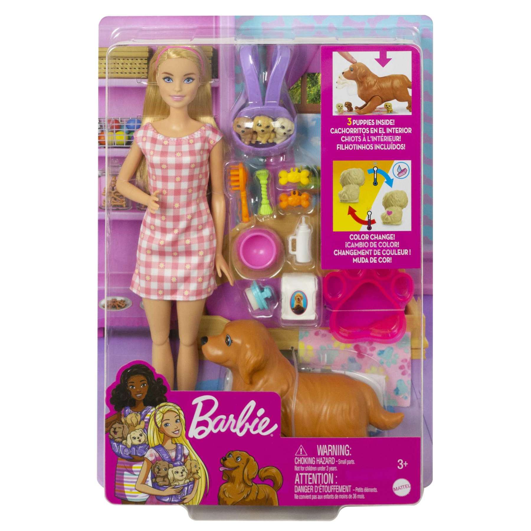 Barbie pet care playset with doll, golden retriever, 3 puppies, and accessories, featuring colour change