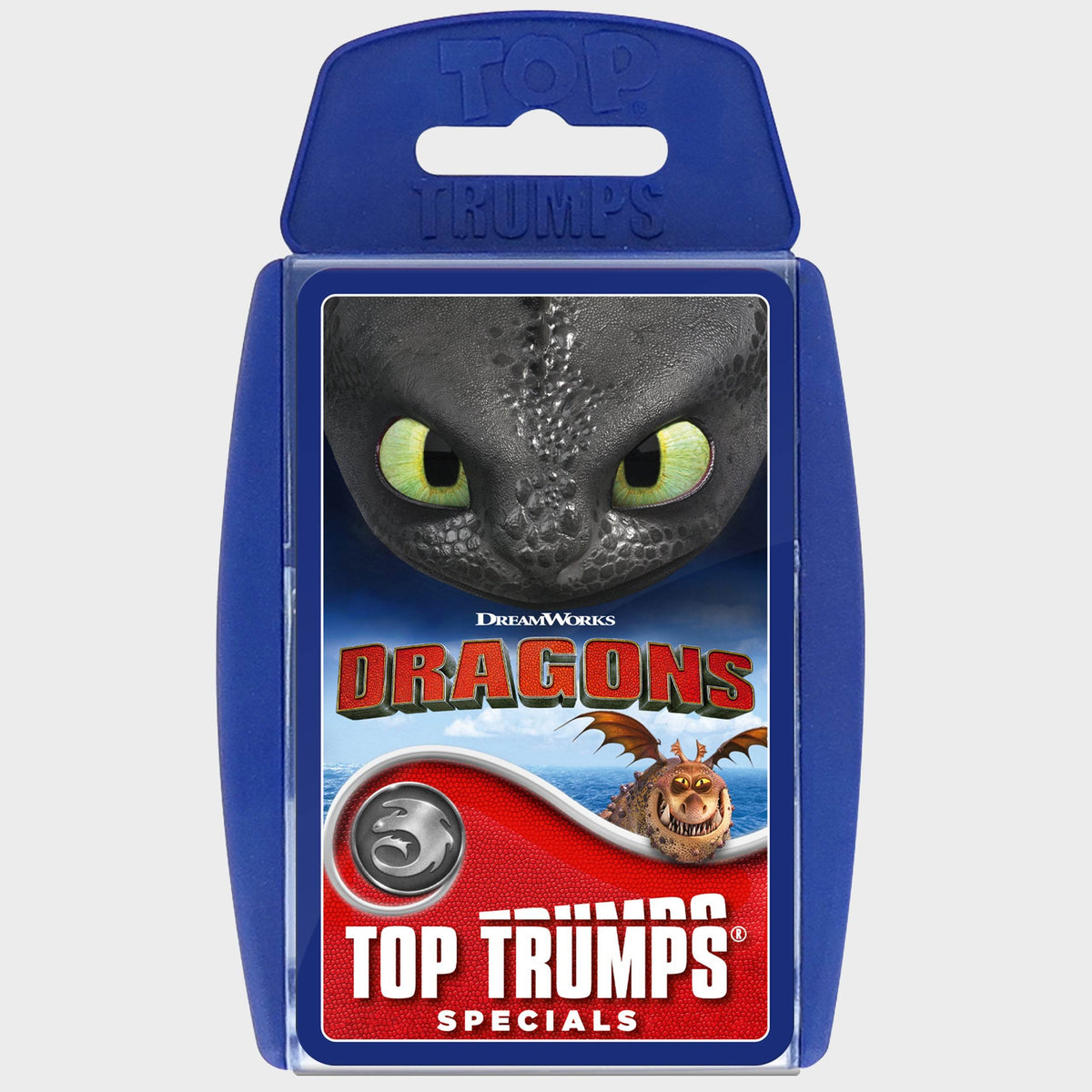 Blue Top Trumps card game case for DreamWorks Dragons, featuring a close-up of the black dragon Toothless&#39;s eyes and another dragon