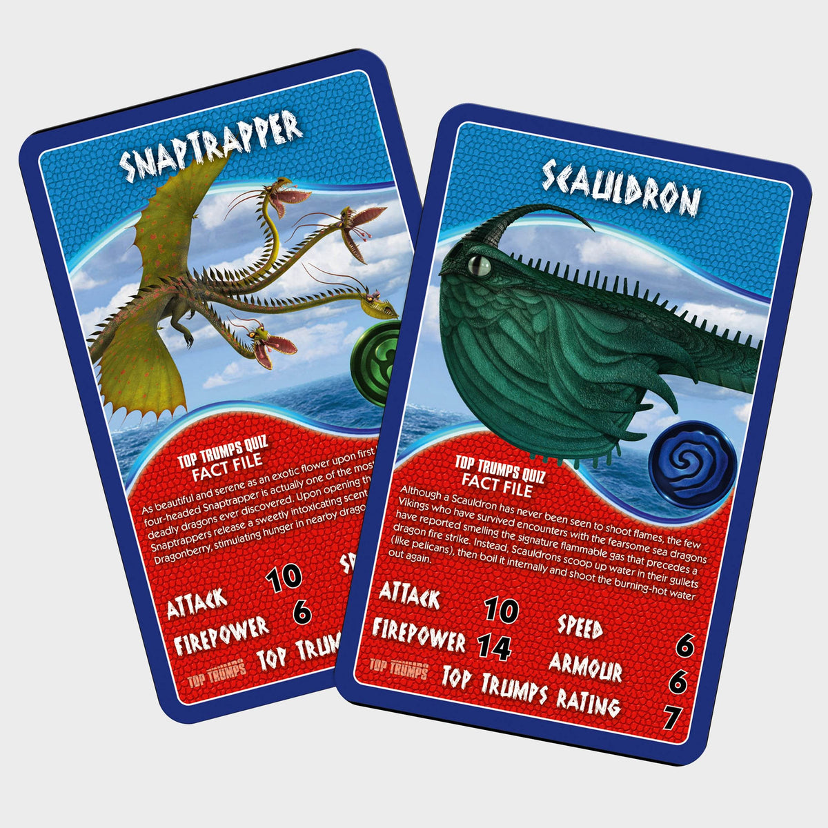 Two &#39;How to Train Your Dragon&#39; Top Trumps cards: a multi-headed Snaptrapper and a dark green Scauldron