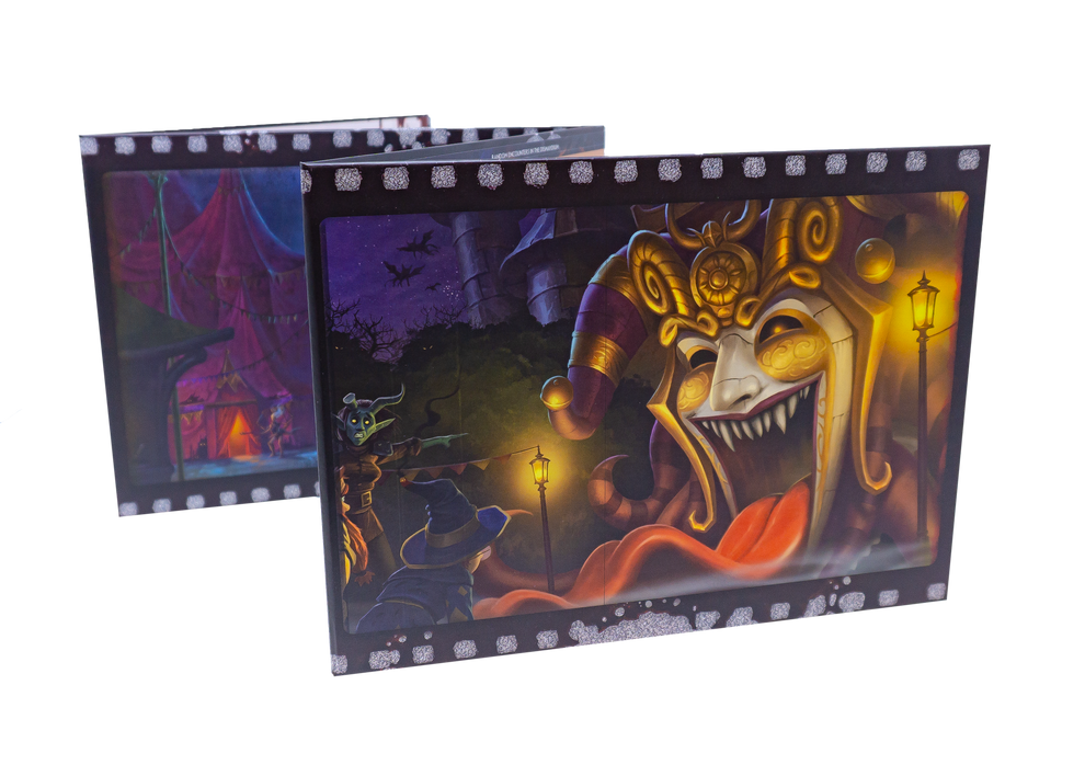 Two film-strip fantasy art panels. The front shows a terrifying jester mask with sharp teeth, a wizard, and a goblin in a dark carnival.