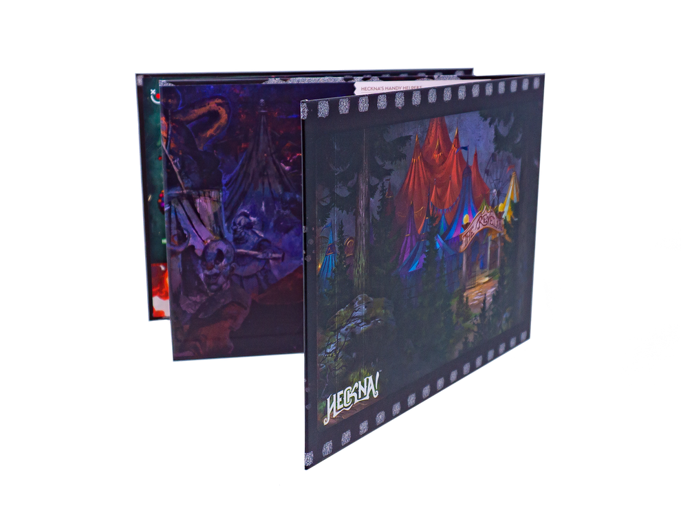 Open "Heckna's Handy Helpers" fantasy screen/book. Right: colorful circus tents. Left: dark art, skull, chains, circus tent.