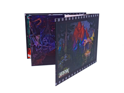 Open "Heckna's Handy Helpers" fantasy screen/book. Right: colorful circus tents. Left: dark art, skull, chains, circus tent.