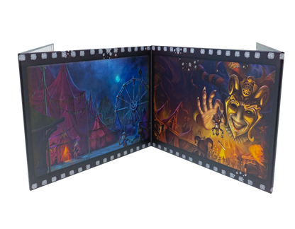 An open game master screen depicting a dark fantasy carnival. A jester mask reaches for a figure, with tents and a Ferris wheel.