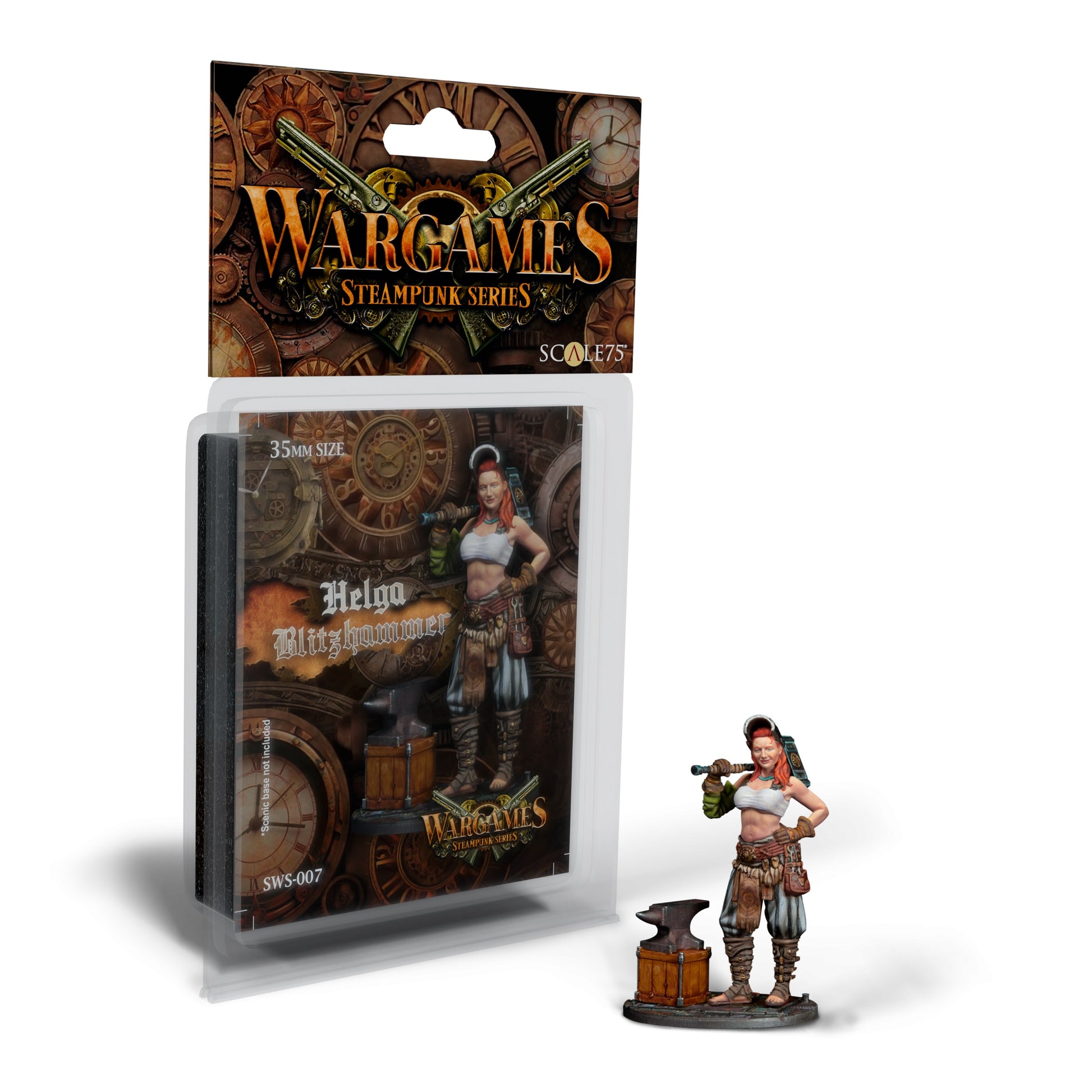 A Wargames Steampunk Series miniature of Helga Blitzhammer, a red-haired woman holding a hammer next to an anvil, with its packaging.