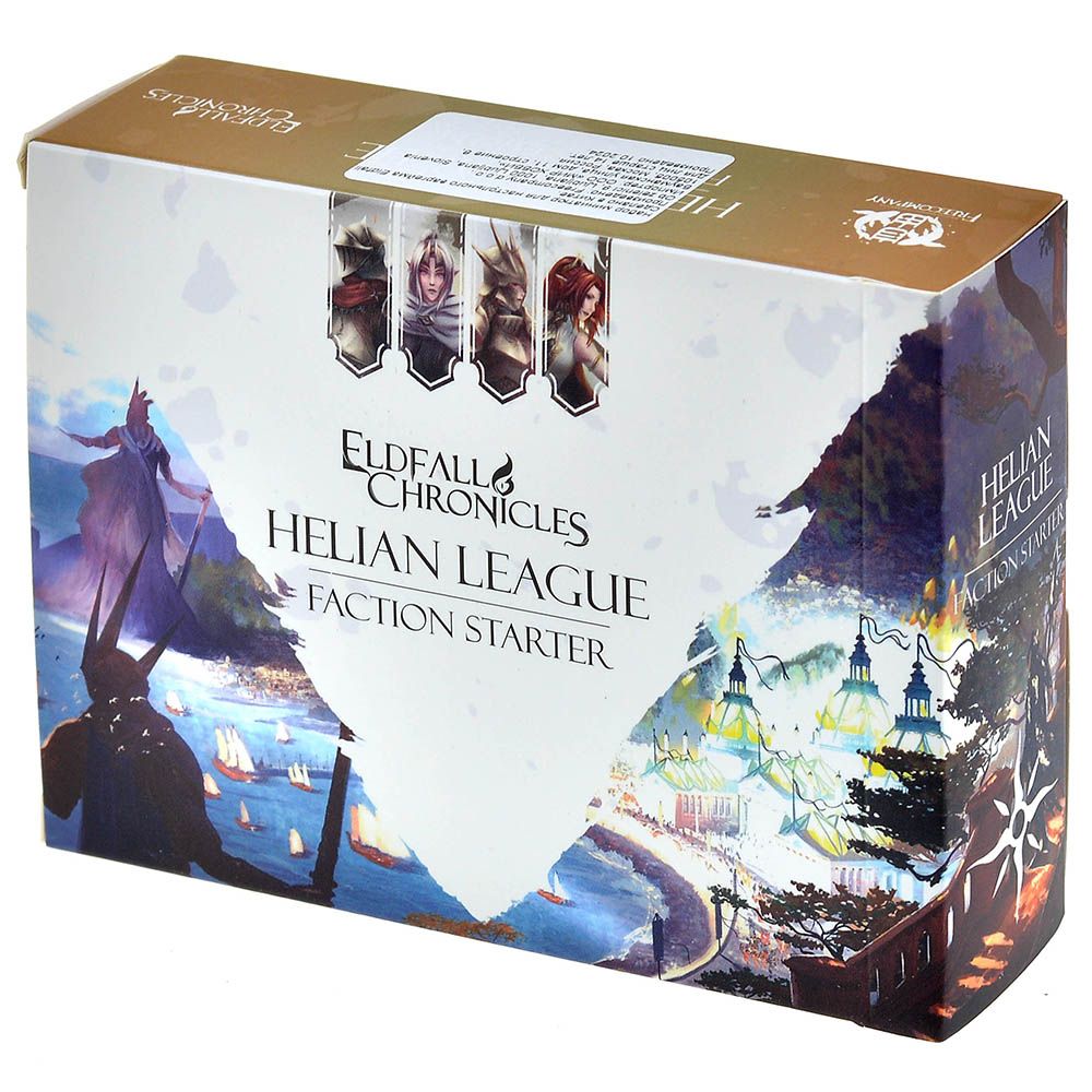 Eldfall Chronicles Helian League Faction Starter game box featuring fantasy art with characters and a coastal city