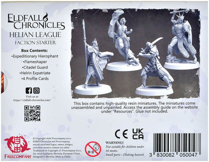Back of Eldfall Chronicles game box showing four unpainted, unassembled Helian League fantasy miniatures