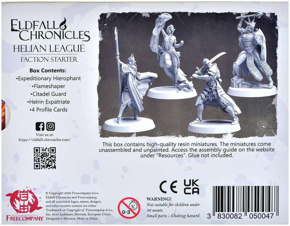 Back of Eldfall Chronicles game box showing four unpainted, unassembled Helian League fantasy miniatures