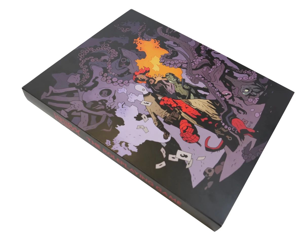Hellboy The Roleplaying Game box with cover art depicting Hellboy and allies battling a large tentacled monster.