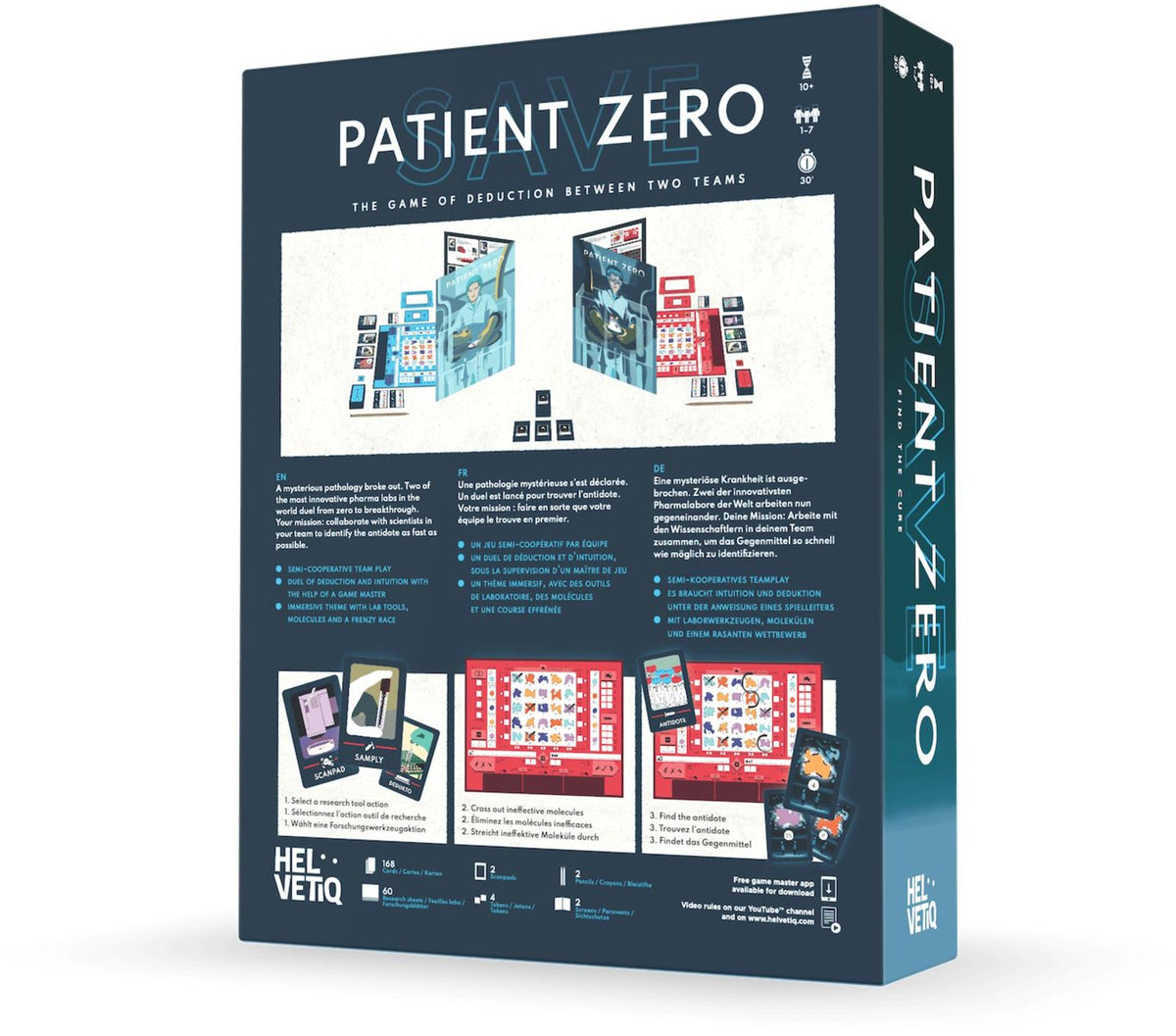 Game board and tools from Save Patient Zero arranged for deduction gameplay