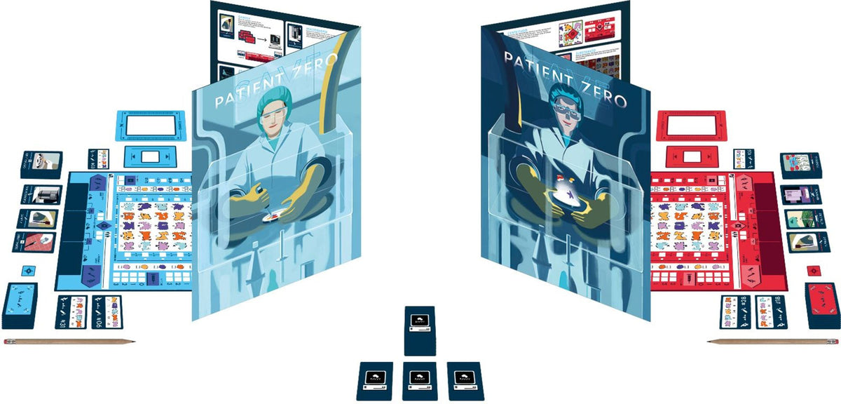 Close-up of Save Patient Zero player station and cards during a game