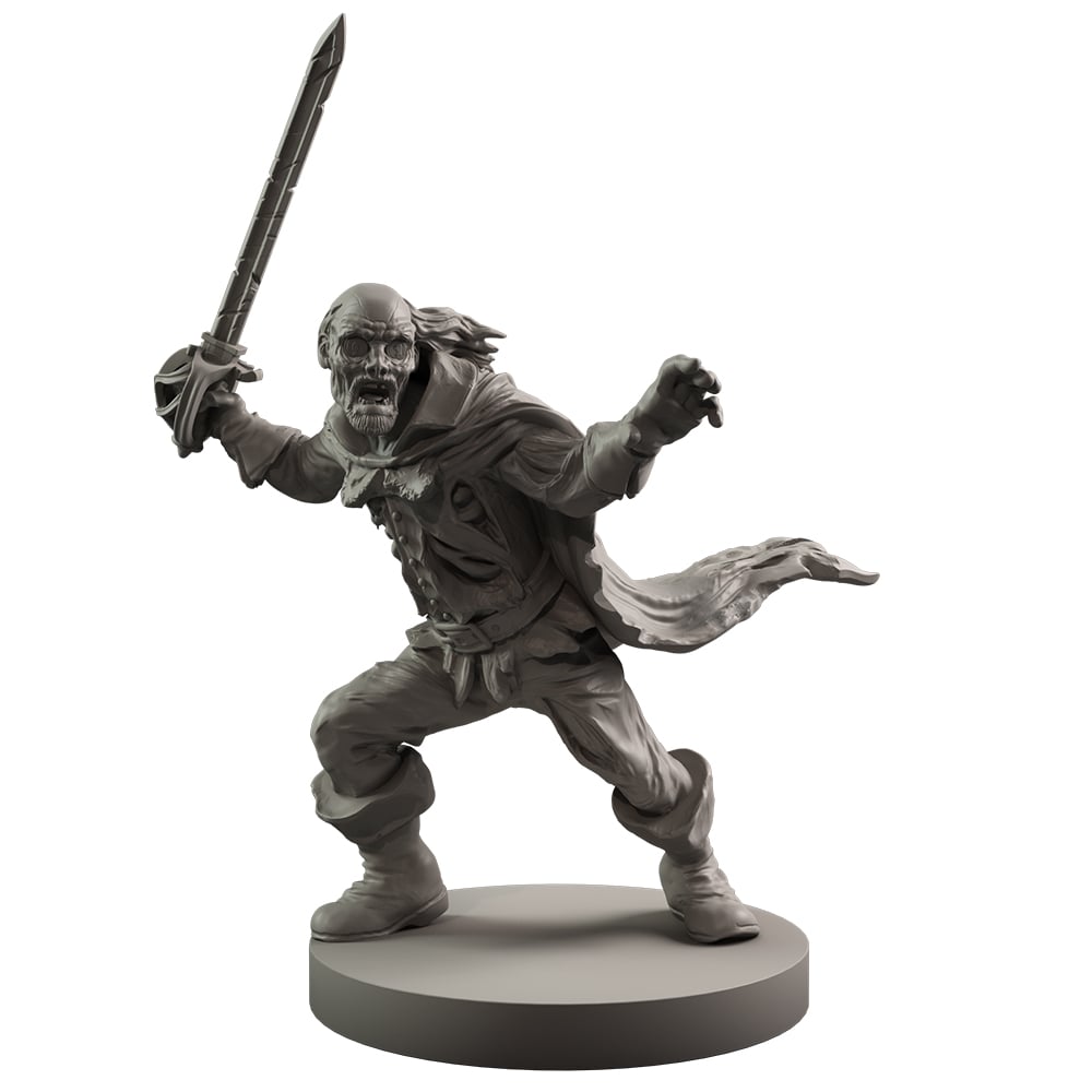 Unpainted grey miniature of an undead swordsman, lunging with a raised sword, mouth open in a grimace