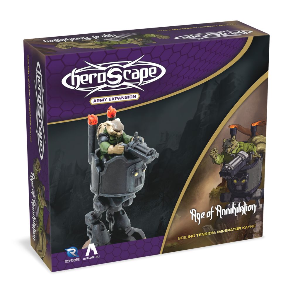 HeroScape: Age of Annihilation Army Expansion box displays a furred creature in a walking mech suit with a gun