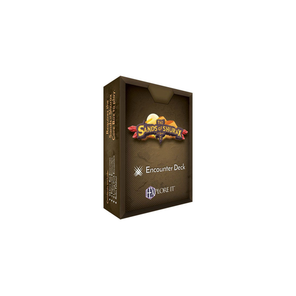 Hexplore It: The Sands of Shurax Encounter Deck expansion box, brown, states &#39;Requires Core Box to play.&#39;
