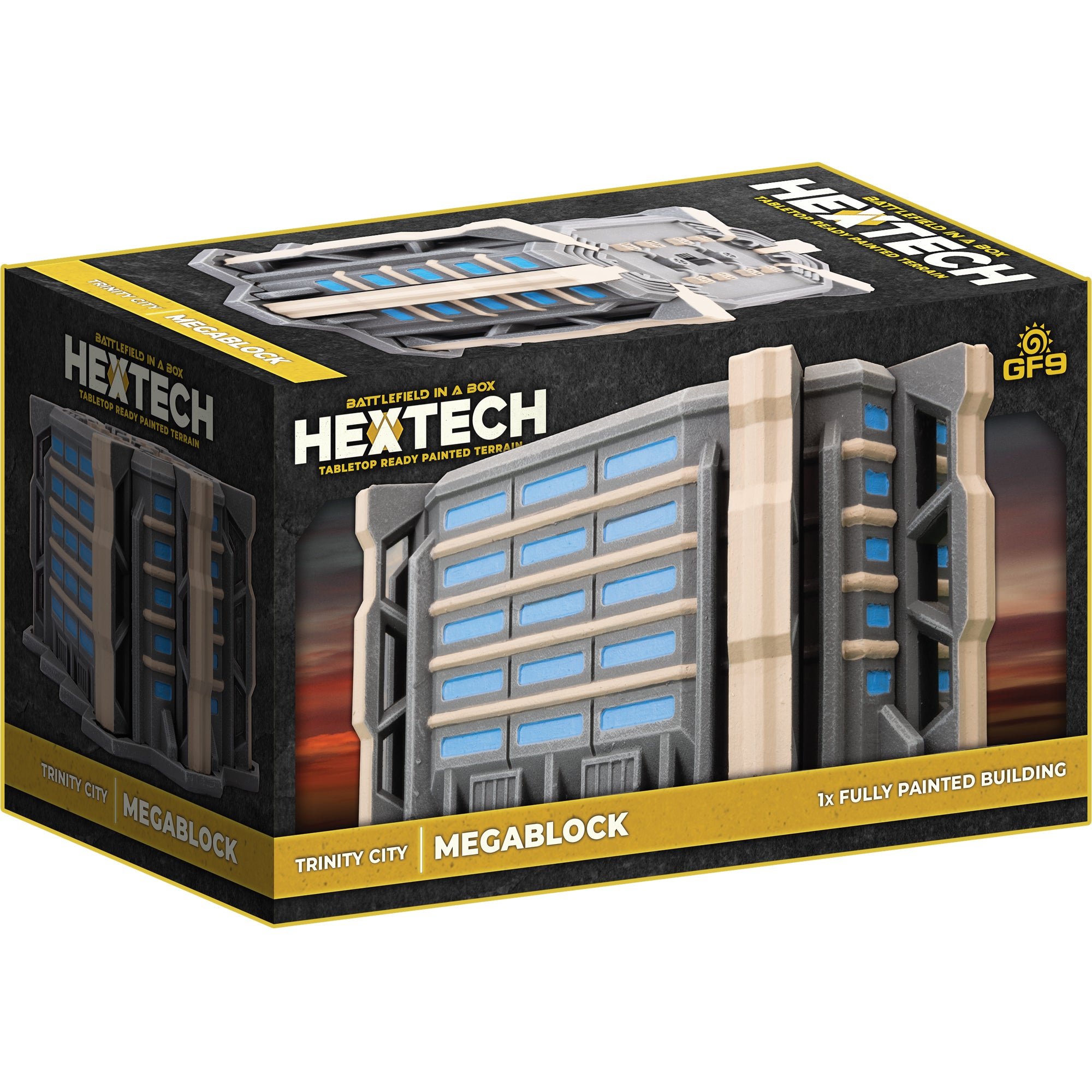 A product box for Hextech terrain, featuring a futuristic grey and tan building model with blue windows