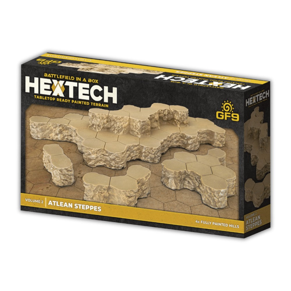 HEXTECH Atlean Steppes tabletop terrain box with four tan, hex-based painted hills for wargames