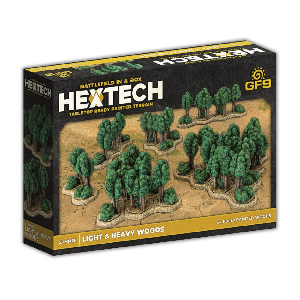 Hextech 'Battlefield in a Box' product shows six sets of green, painted miniature woods terrain on hex bases