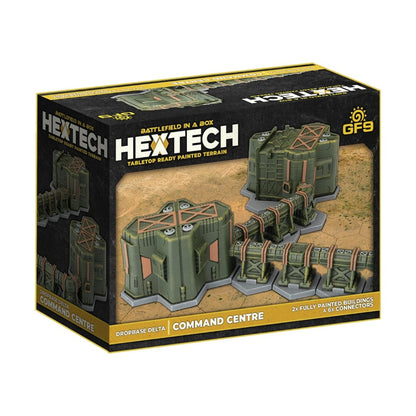 Product box for Hextech terrain set, showing two green futuristic buildings and six connectors on a sandy tabletop base.