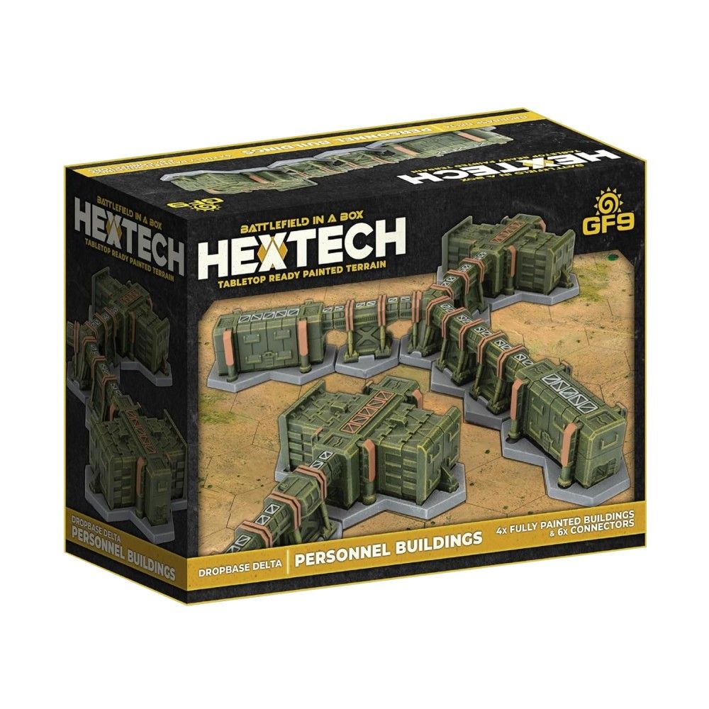 Black Hextech product box showing green, modular sci-fi personnel buildings for tabletop terrain