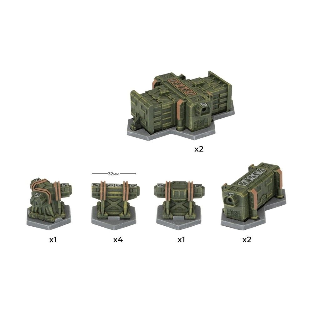 Olive green industrial miniature terrain pieces for tabletop games, featuring various blocky structures and A 32mm scale is shown