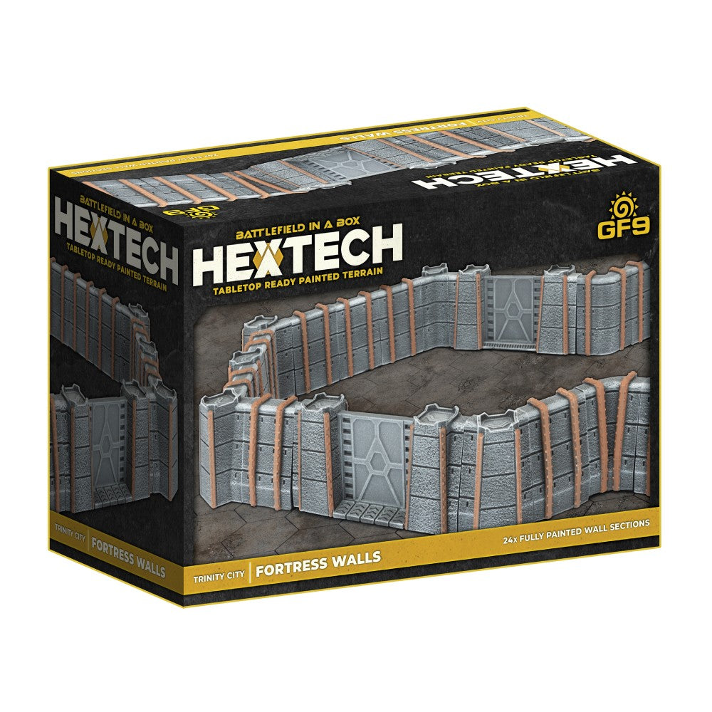 Hextech Trinity City Fortress Walls product box, showing grey modular, painted tabletop terrain sections with gates.