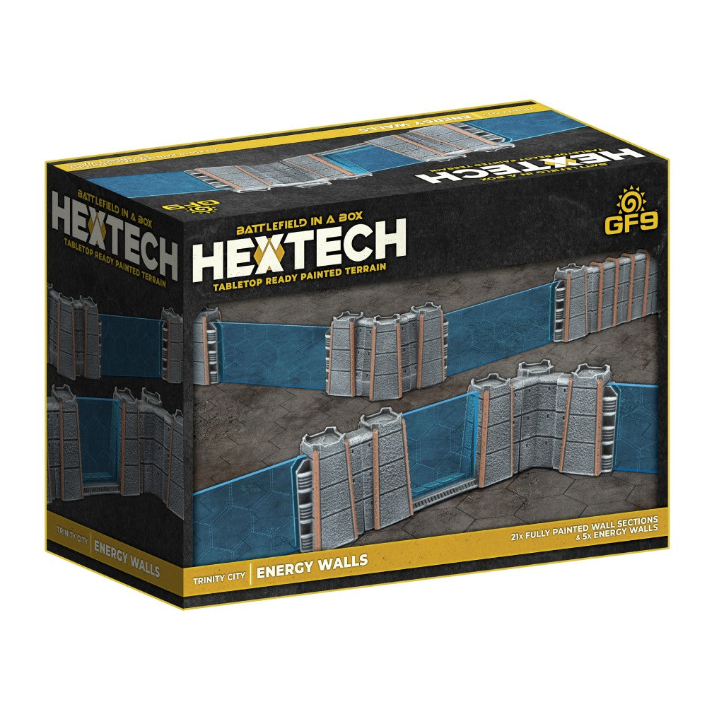 HEXTECH tabletop terrain box showcasing modular grey walls connected by blue hexagonal energy barriers.